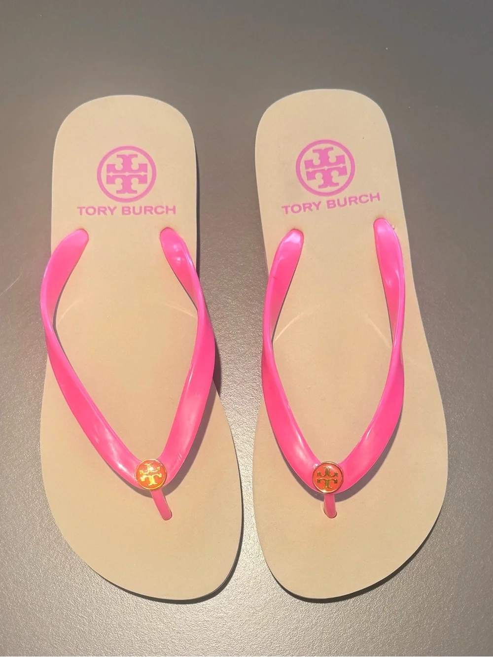 Tory Burch Eva Pink Tan Stripe side Logo Flip Flop Sandals Size 5-6